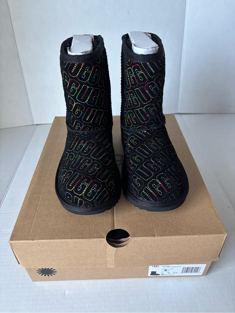 UGG NWT Size 4 Black Boots with Multicolor Logo Stitching